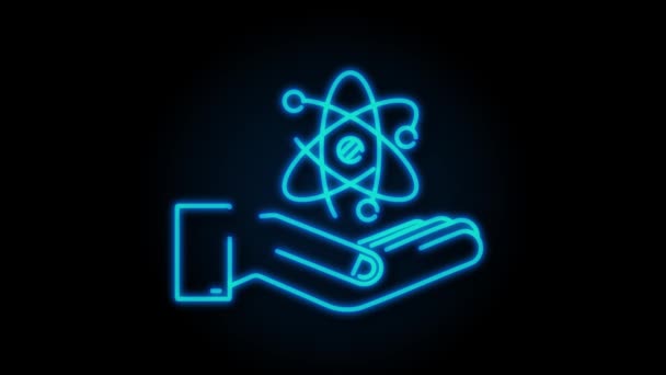 Ícone de átomo de néon sobre mãos, gráfico de movimento de símbolo de átomo — Vídeo de Stock