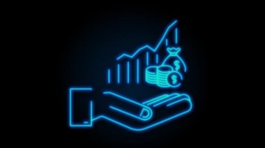 Neon kar parası ya da bütçe. Nakit ve yükselen grafik oku ellerde. Sermaye kazancı, kazanç. hareket grafiği