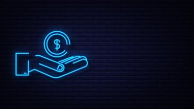 Konsept tasarım için neon para eli. El ele tutuşan yeşil para banknotu. hareket grafiği