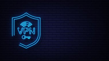 Ellerle Neon Safure VPN bağlantı konsepti. Elinde VPN işareti olan hnads. Sanal özel ağ bağlantı genel görünümü. Hareket Grafiği