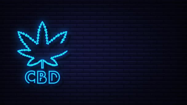 Неоновая икона из листьев конопли. Шаблон для CBD Cannabidiol. Motion Graphic — стоковое видео