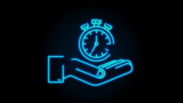 尼昂定时器在手。和定时器在一起。商业概念。看，时间图标，时钟。运动图形. — 图库视频影像