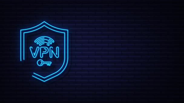 Концепция подключения Neon Secure VPN руками. Гнады с табличкой VPN. Обзор возможностей виртуальной частной сети. Motion Graphic — стоковое видео