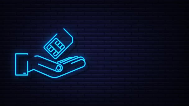 Neon Mobile Mobiltelefon Sim Card i händerna. rörlig grafik — Stockvideo