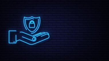 Neon kalkan, ellerle korunmanın ve güvenilirliğin sembolü. hareket grafiği