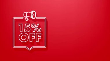 Yüzde 15 indirimli indirimli, megafonlu bayrak. İndirimli fiyat etiketi. Yüzde 15 indirimli promosyon 3D ikonu. Hareket Grafiği