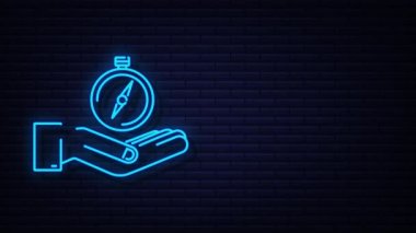 Ellerin üzerinde pusula simgesi. Neon navigasyon sembolü. hareket grafiği