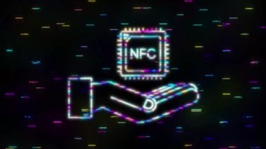 Elleri olan Arıza NFC işlemci simgesi. NFC çipi. Saha iletişimine yakın. hareket grafiği