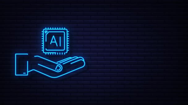 Página de aterrizaje de Neon Artificial Intelligence. Icono de Ai con manos. Plantilla web para concepto de aprendizaje profundo. gráfico de movimiento. — Vídeo de stock