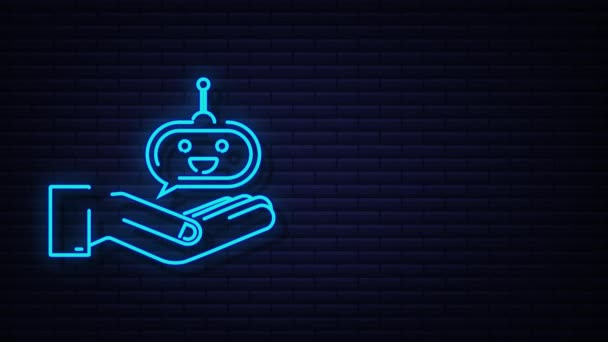 Leuke glimlachende robot in handen Neon icoon. Voice support service bot. Beweging Grafiek — Stockvideo