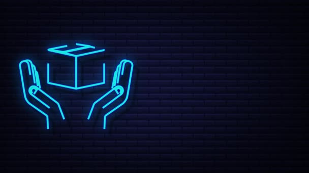 Neon kartondoboz a kezében. Szállítási szállítási szimbólum. Ajándékdoboz ikon. mozgókép — Stock videók