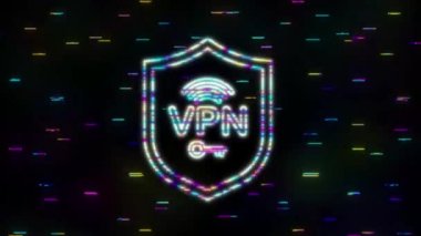Ellerle Neon Safure VPN bağlantı konsepti. Elinde VPN işareti olan hnads. Sanal özel ağ bağlantı genel görünümü. Hareket Grafiği