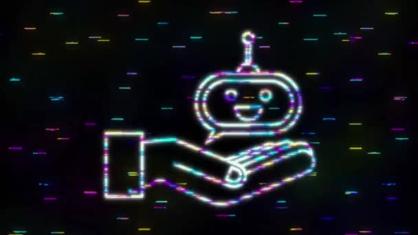 可爱的笑着的机器人手握Glitch图标。语音支持服务机器人。运动图形 — 图库视频影像