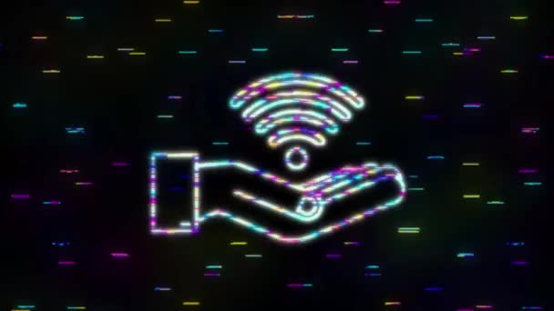 Free wifi zona Glitch segno nelle mani icona. Wi-Fi gratuito qui segno concetto. Motion Graphic — Video Stock