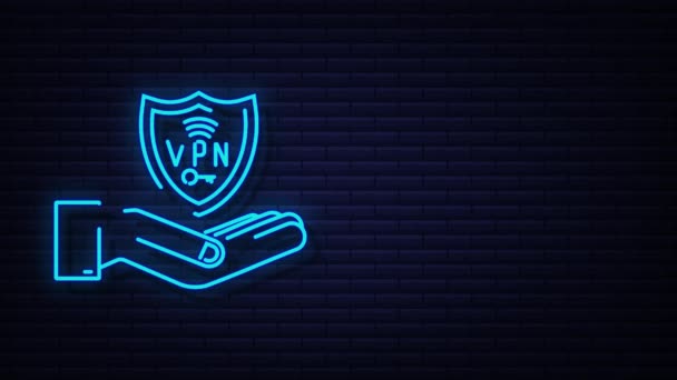 Neon Secure VPN připojení koncept s rukama. Hnads drží znak VPN. Přehled připojení k virtuální privátní síti. Pohybová grafika — Stock video