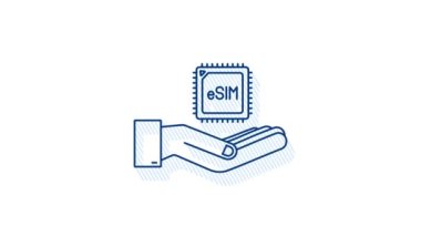 Gölge 5G eSIM gömülü SIM kart ve el simgesi konsepti. Yeni çip mobil cep telefonu iletişim teknolojisi. hareket grafiği