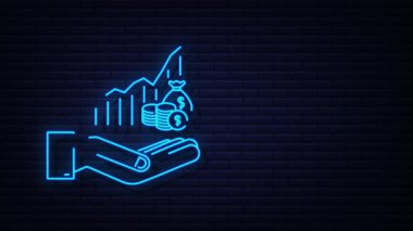 Neon kar parası ya da bütçe. Nakit ve yükselen grafik oku ellerde. Sermaye kazancı, kazanç. hareket grafiği