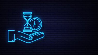 Neon Zamanlayıcı ve para ellerinde. Saat ve çanta, zaman paradır, hızlı kredi, ödeme süresi, tasarruf hesabı. hareket grafiği