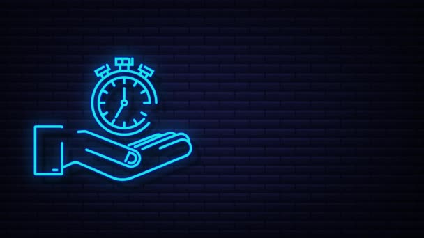 Neon Timer in de hand. Ikoon met timer. Bedrijfsconcept. Horloge, tijdicoon, klok. bewegingsgrafiek. — Stockvideo
