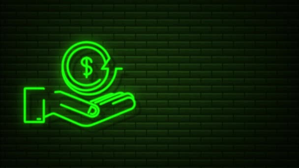 Neon Cash terug munt pictogram met de hand. Geld terug of geld terug te betalen label. bewegingsgrafiek — Stockvideo