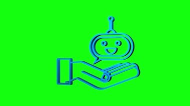 Sevimli gülümseyen robot ellerinde 3 boyutlu bir simge. Ses destek robotu. Hareket Grafiği