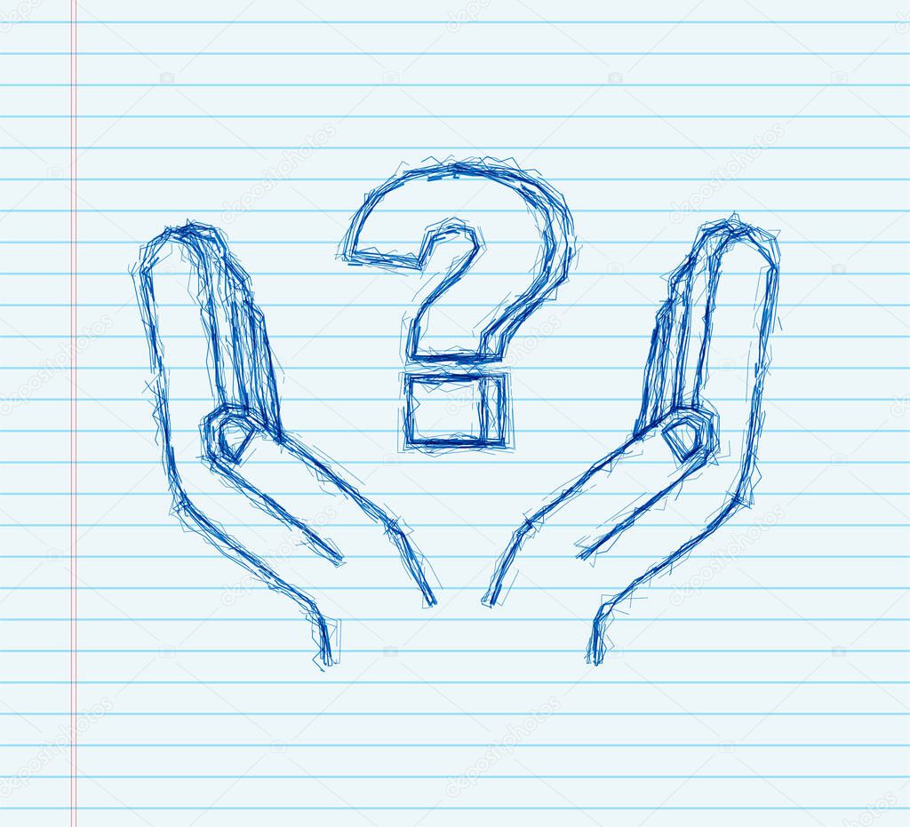sketch question mark in hands for concept design. Technology vector illustration. Abstract isometric illustration. Business vector icon.