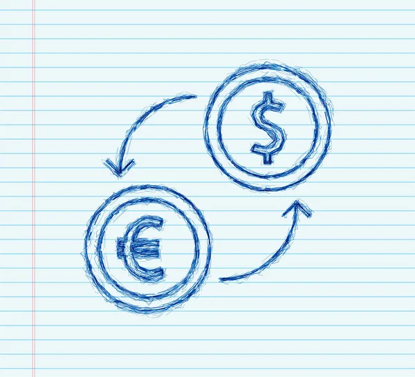 Valutaväxling. Bankväxel. Euro och dollar Kontantöverföring skiss symbol. Vektorillustration — Stock vektor