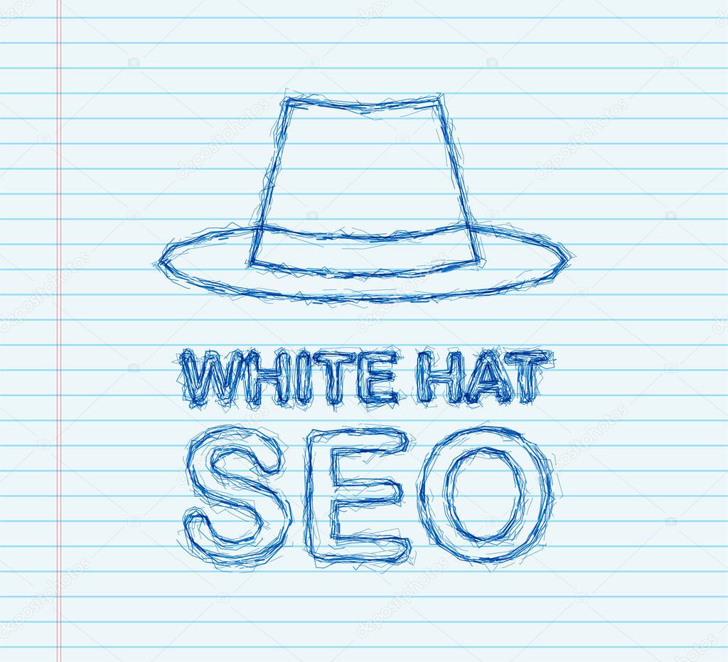 White hat seo sketch banner. Magnifier, and other search engine optimization tools and tactics. Vector illustration.