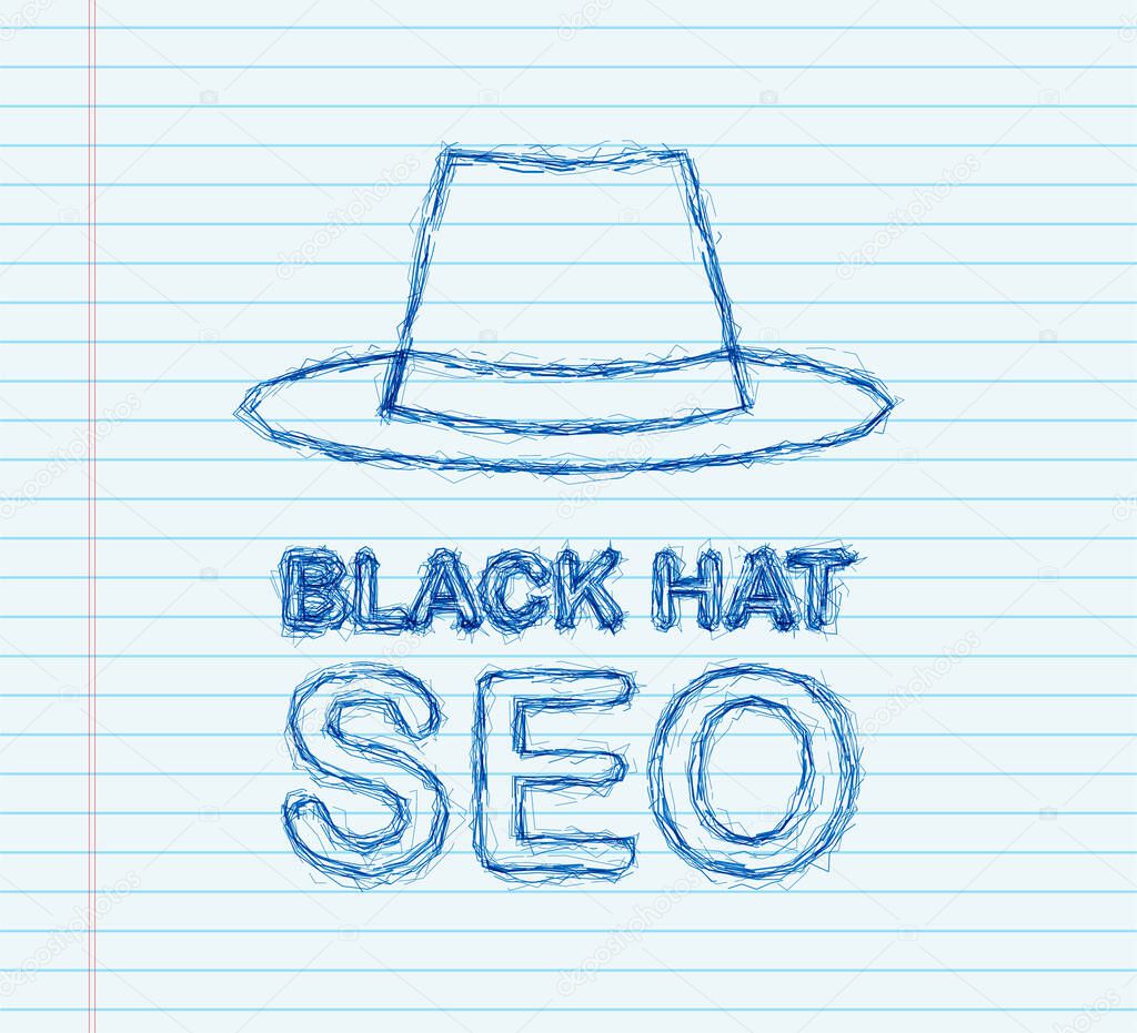Black hat seo sketch banner. Magnifier, and other search engine optimization tools and tactics. Vector illustration.