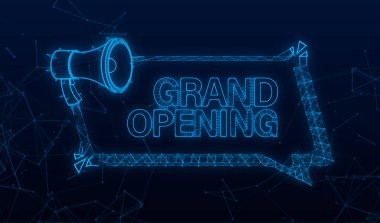 Plexus büyük açılışı ile megafon etiketi. Megafon bayrağı. Web tasarımı. Vektör stok illüstrasyonu