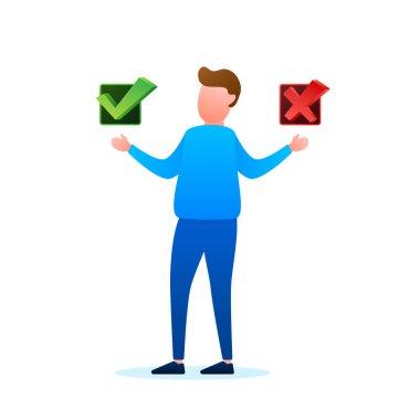İki seçenek arasında seçim yapan bir adam, evet ve hayır. Vektör stok illüstrasyonu