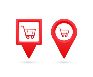 Harita işaretleyicisi ve depo. Pin Point Dükkanı. Vektör stok illüstrasyonu.