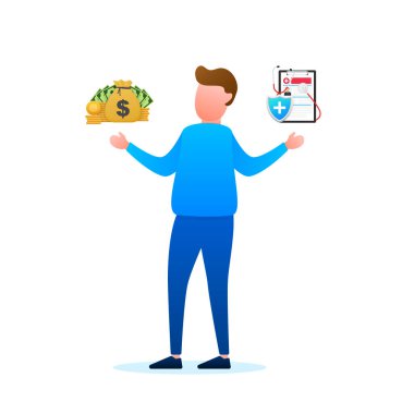 İki seçenek arasında tıbbi sigorta ve para arasında seçim yapan bir adam. Vektör stok illüstrasyonu.