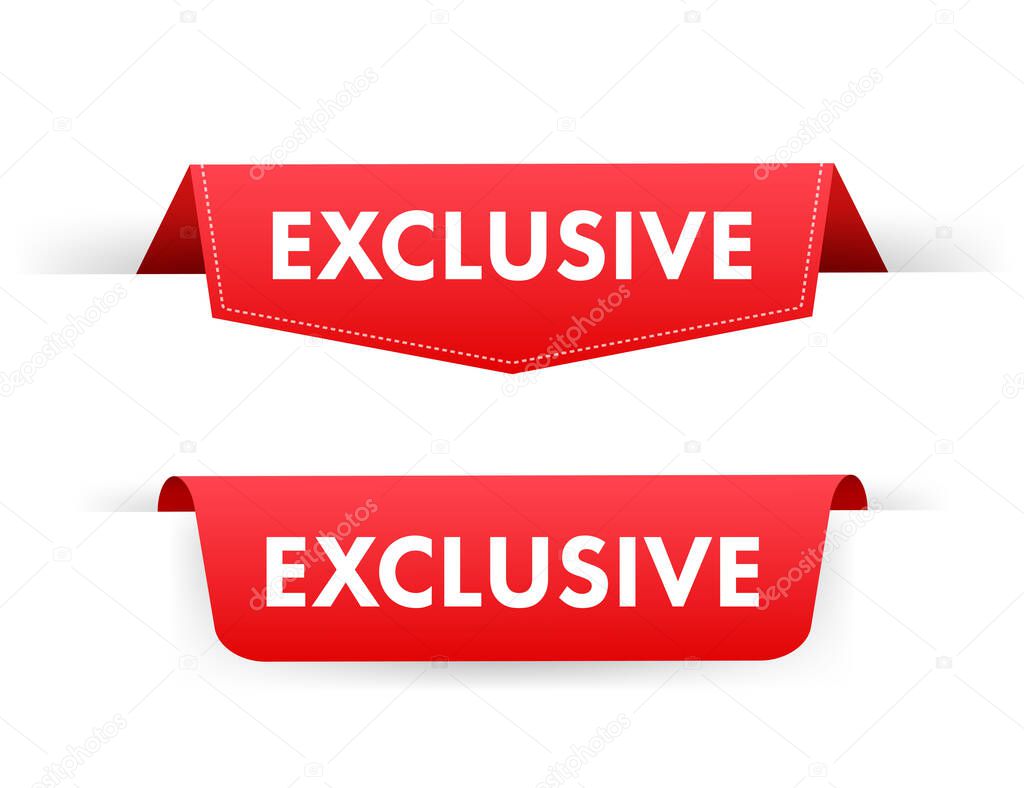 Red exclusive ribbon. Quality design element. Price tag. Vector stock illustration.