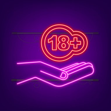 18 'in altında işaret işareti. On sekiz artı neon ikon. Sansürlü iş konsepti. Vektör illüstrasyonu.