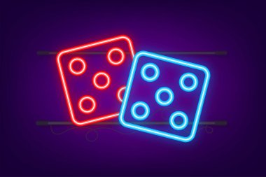 Dice neon ikonu. Oyun zarları, küpler. Kumarhane ve bahis. Vektör stok illüstrasyonu.