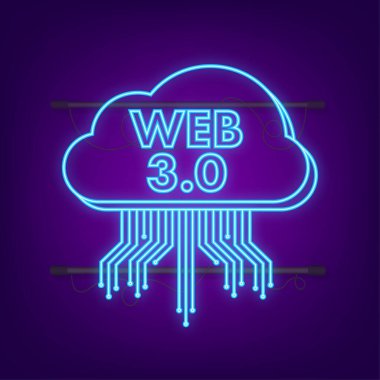 Web tasarımı için web 3.0 teknolojisi. İnternet engelleme teknolojisi neon ikonu. Nft konsepti. Vektör stok illüstrasyonu.
