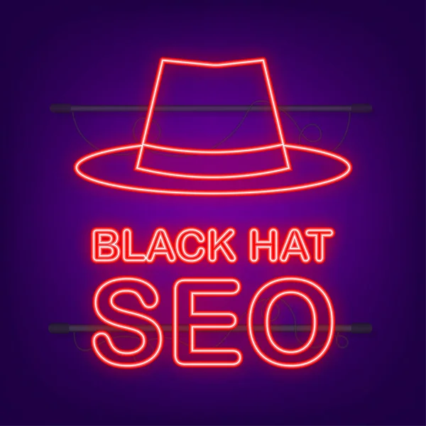 Zwarte hoed seo neon banner. Vergrootglas, en andere zoekmachine optimalisatie tools en tactieken. Vectorillustratie — Stockvector