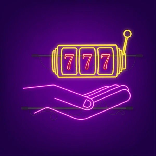 Hand en Slot machine met gelukkige zevens jackpot neon pictogram. Voorraadillustratie van vectoren. — Stockvector