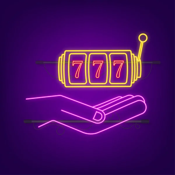 Hand och spelautomat med tur sjuor jackpot neon ikon. Illustration av vektorbeståndet. — Stock vektor