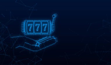 Şanslı yedili büyük ikramiye pleksus ikonuna sahip el ve kumar makinesi. Vektör stok illüstrasyonu.