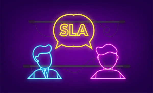SLA - Συμφωνία επιπέδου υπηρεσιών. Δέσμευση μεταξύ παρόχου υπηρεσιών και πελάτη, εικονίδιο νέον. Εικονογράφηση διανύσματος. — Διανυσματικό Αρχείο