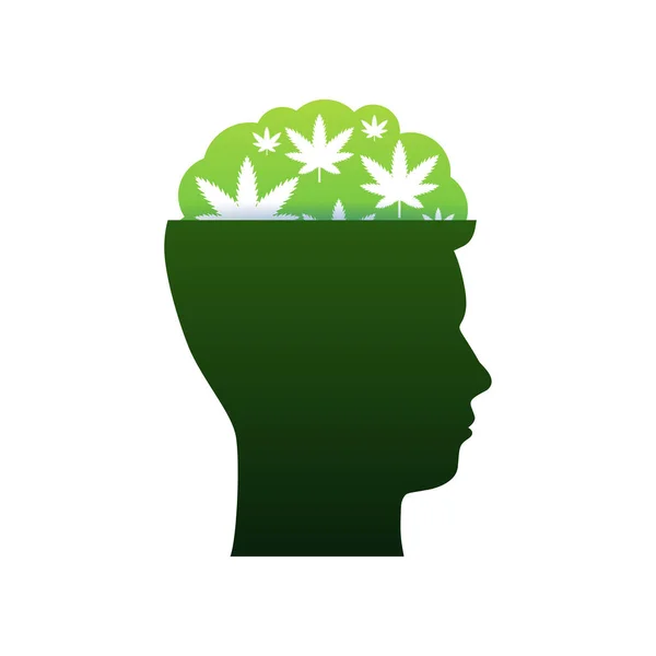 Cannabis cerebro humano verde de dibujos animados. cerebro con hojas de marihuana. Tratamiento médico. Ilustración de stock vectorial. — Vector de stock