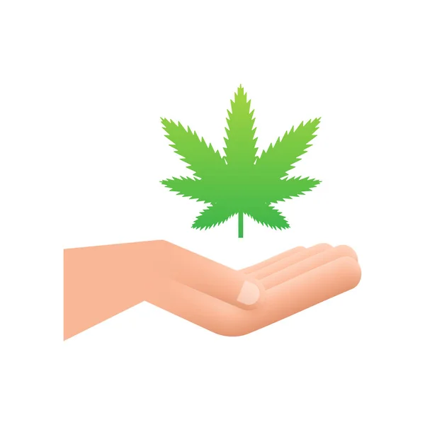 Mano cbd. Mano sosteniendo hoja de marihuana. Tratamiento médico. Ilustración de stock vectorial. — Vector de stock