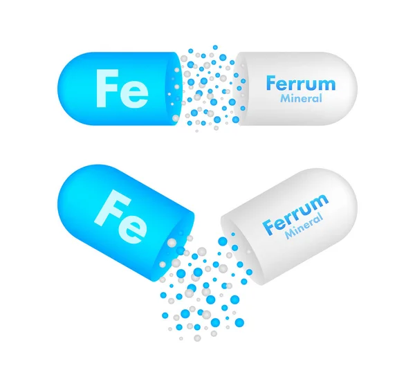 Mineral Fe Ferum blue shining pill capsule icon. Vector stock illustration — Stock Vector