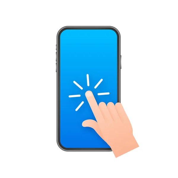 Klik op smartphone. Leeg scherm, telefoon model. Een apparaatmodel. Cursor icoon vector. Handwijzer vector voorraad illustratie. — Stockvector