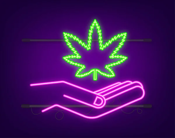 Icono de neón cbd mano. Mano sosteniendo hoja de marihuana. Tratamiento médico. Ilustración de stock vectorial. — Vector de stock
