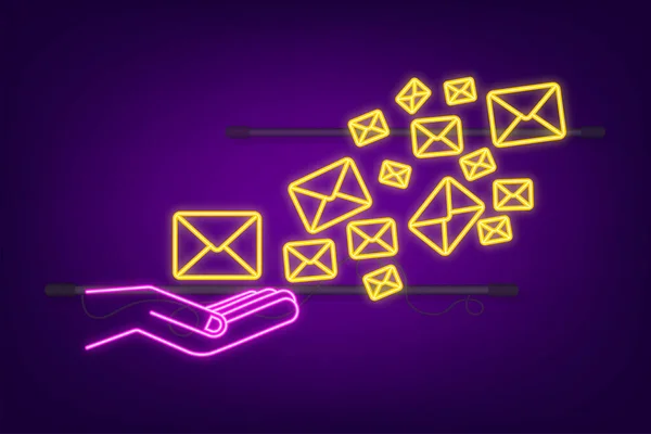 Envelope com um conceito de newsletter. Abra a mensagem com o documento. Assine o ícone de néon da newsletter. Ilustração do estoque vetorial. — Vetor de Stock