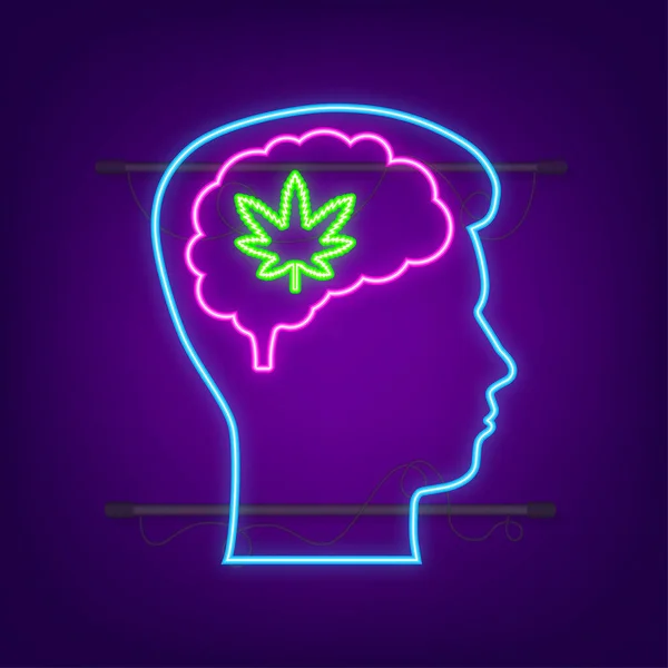 Cannabis cerebro humano verde de dibujos animados. cerebro con hojas de marihuana. Tratamiento médico de neón. Ilustración de stock vectorial. — Vector de stock