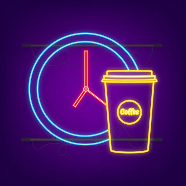 Tazza di caffè orologio al neon icona. Caffè con l'orologio. Illustrazione dello stock vettoriale. — Vettoriale Stock